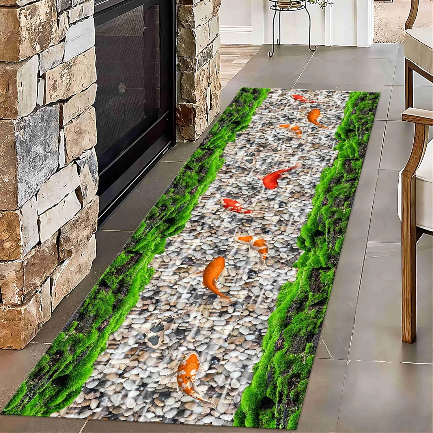 3D River Scenery Runner Rug, 2.6x10ft, Koi Moss Pebbles Stream Nature Landscape Optical Illusion Rug, Soft Foldable Home Decor Washable Runner Rug for Bathroom Laundry Room