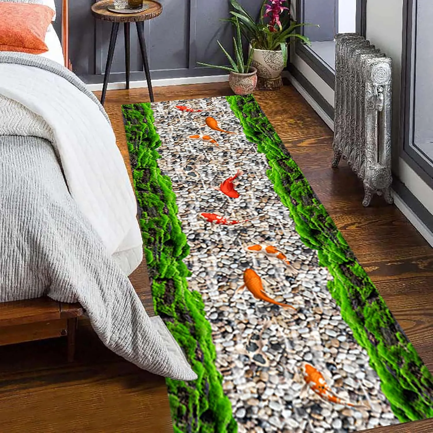 3D River Scenery Runner Rug, 2.6x10ft, Koi Moss Pebbles Stream Nature Landscape Optical Illusion Rug, Soft Foldable Home Decor Washable Runner Rug for Bathroom Laundry Room