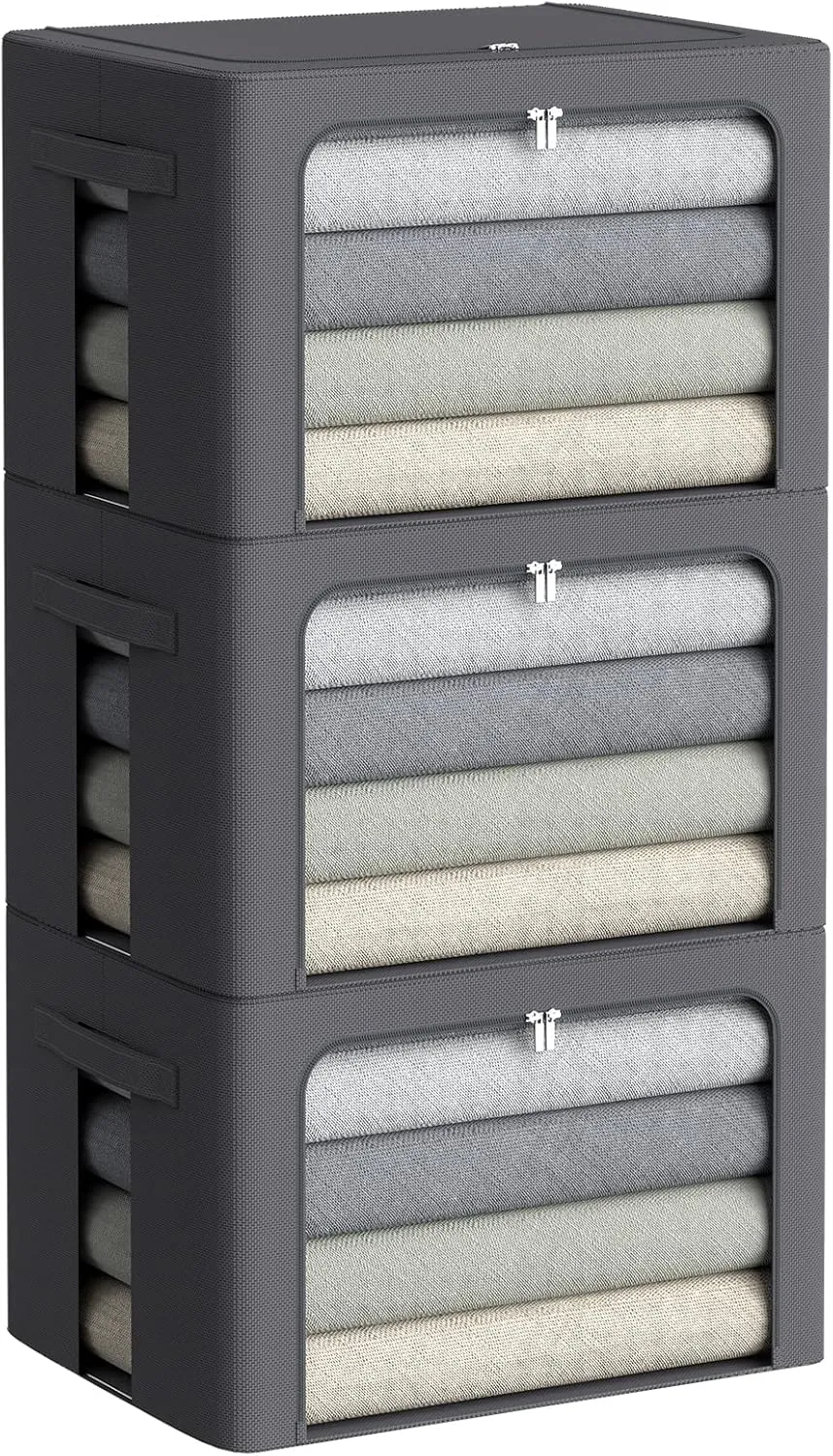 3Pack Stackable Clothes Storage Bins - Oxford Frame Storage Box Foldable Clothing Storage Container Organizer Set with Clear Window & Carry Handles Large Capacity (Dark Gray, Large-66L)