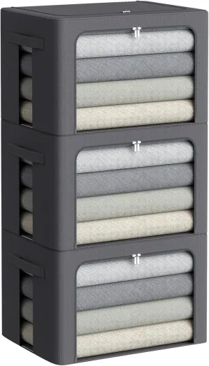 3Pack Stackable Clothes Storage Bins - Oxford Frame Storage Box Foldable Clothing Storage Container Organizer Set with Clear Window & Carry Handles Large Capacity (Dark Gray, Large-66L)