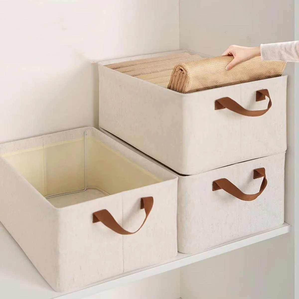 3PCS Cotton Linen Storage Box Set Foldable Washable Bedroom Wardrobe Organizer