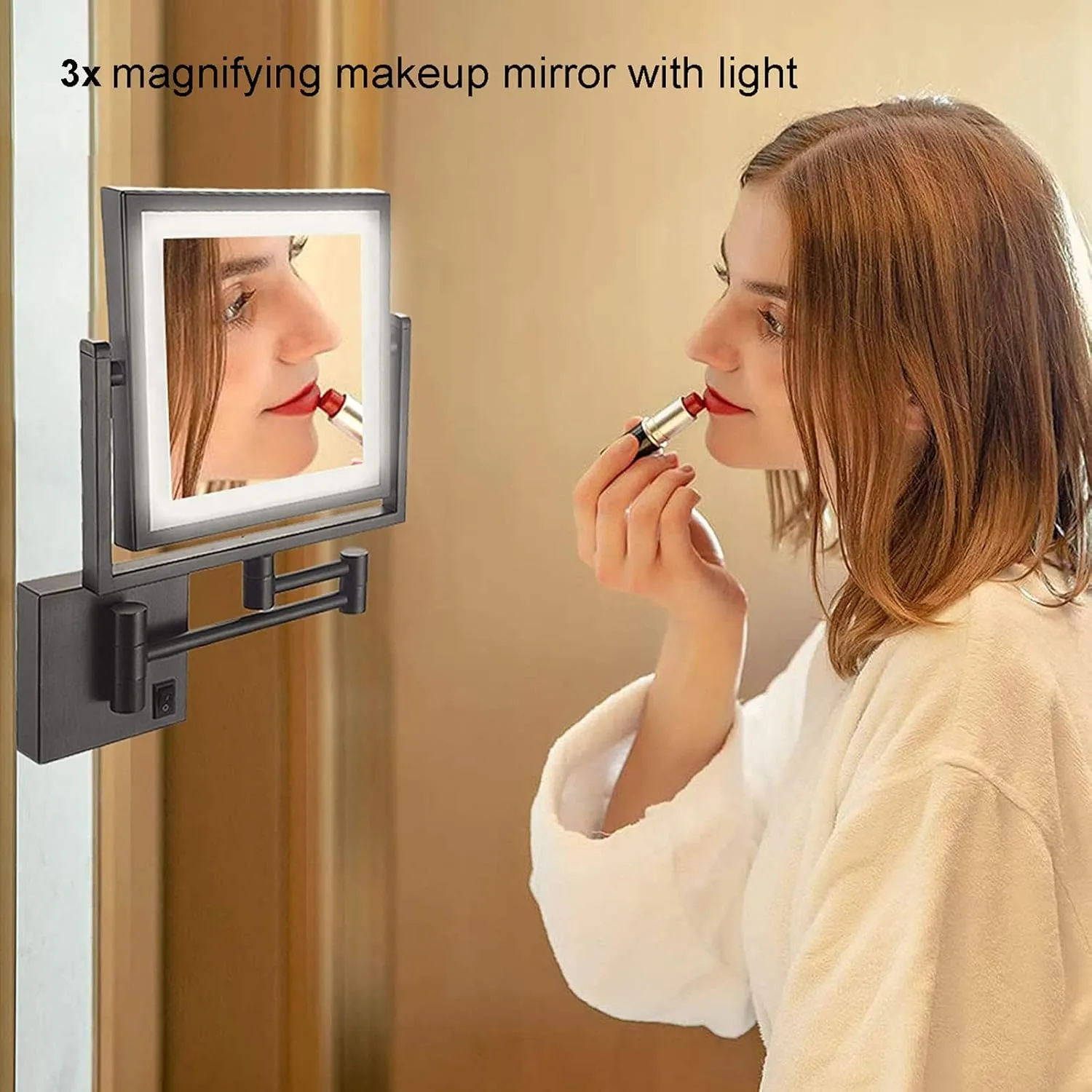 3X Magnifying Makeup Mirror with Lights, Portable Cosmetic Mirror, Rechargeable Double-Sided Folding Extendable, for Bedroom Bathroom Hotel