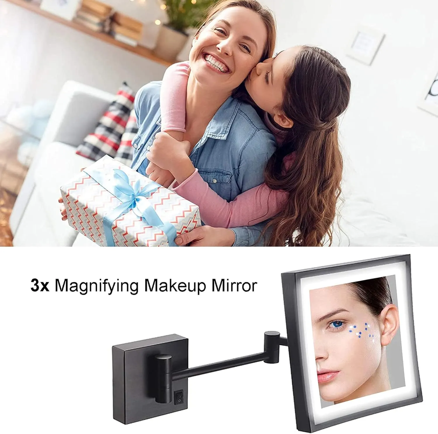 3X Magnifying Makeup Mirror with Lights, Portable Cosmetic Mirror, Rechargeable Double-Sided Folding Extendable, for Bedroom Bathroom Hotel