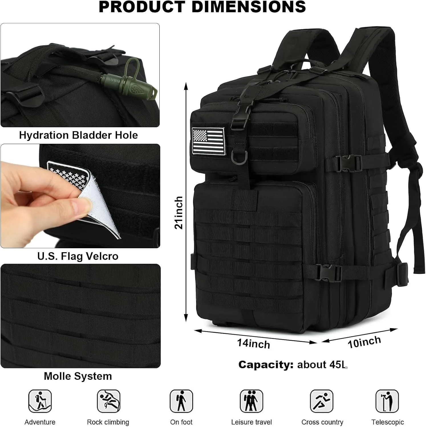 45L Military Tactical Backpack for Men Women, 3 Day Assault Pack Army Camping Molle Bag Hiking Backpacks (Black)