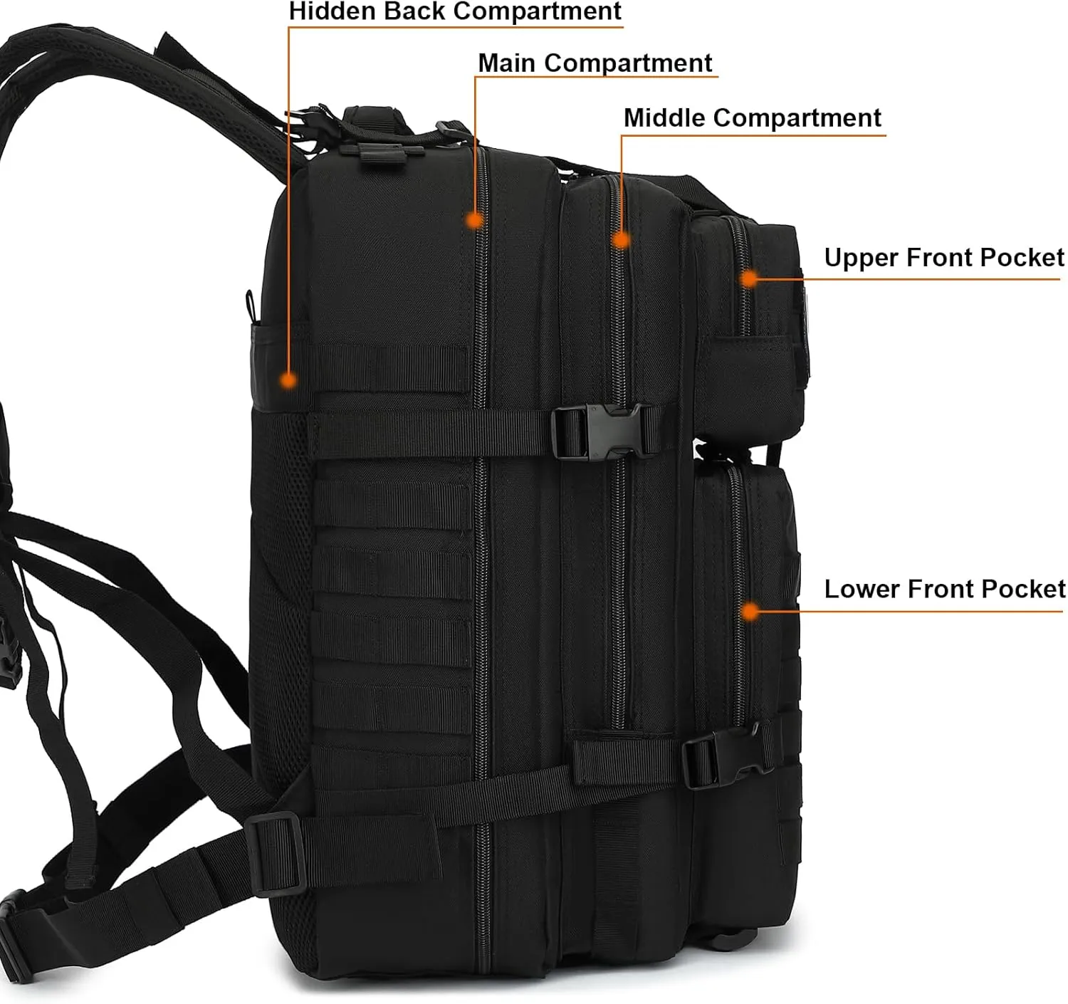 45L Military Tactical Backpack for Men Women, 3 Day Assault Pack Army Camping Molle Bag Hiking Backpacks (Black)