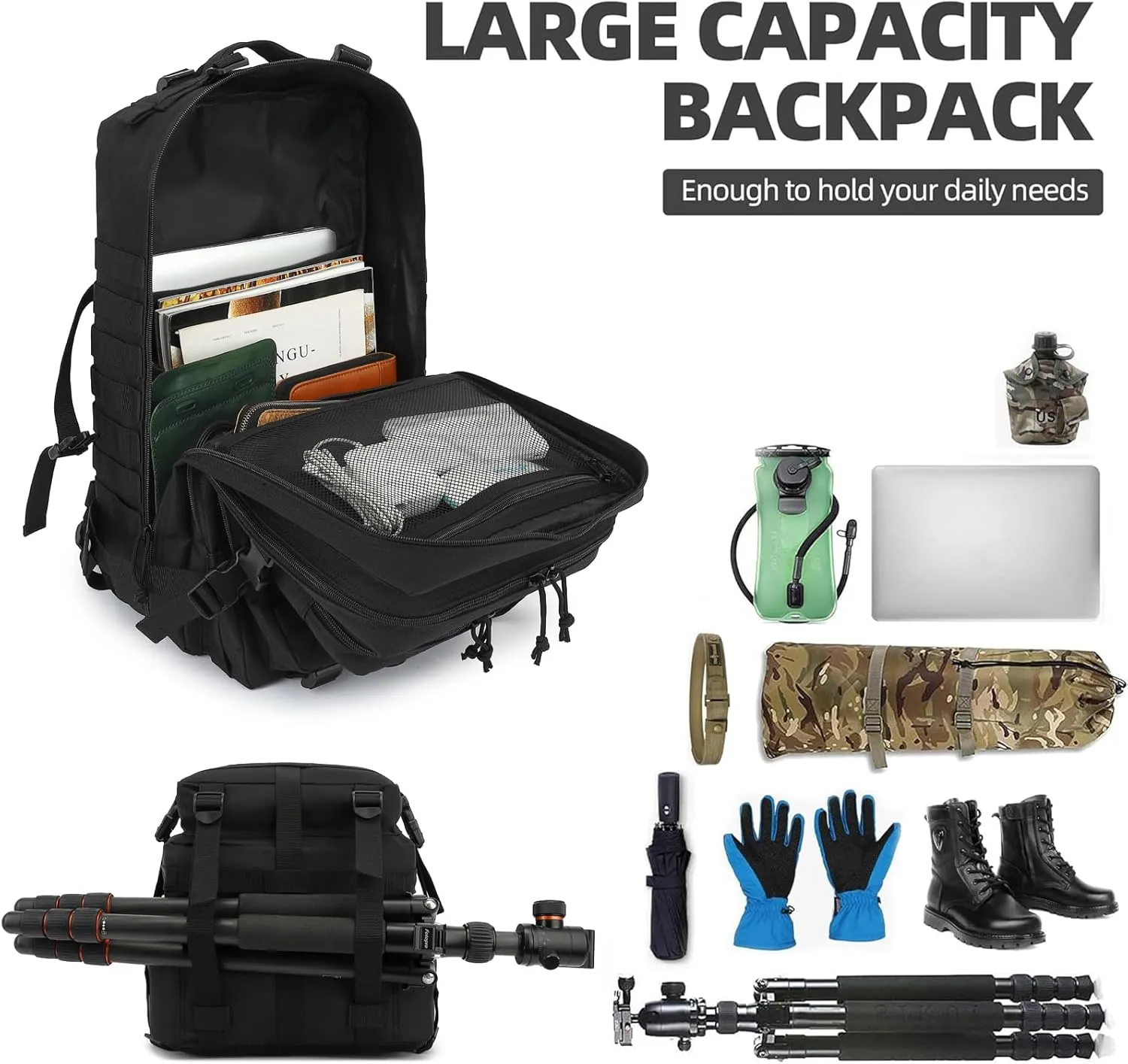 45L Military Tactical Backpack for Men Women, 3 Day Assault Pack Army Camping Molle Bag Hiking Backpacks (Black)