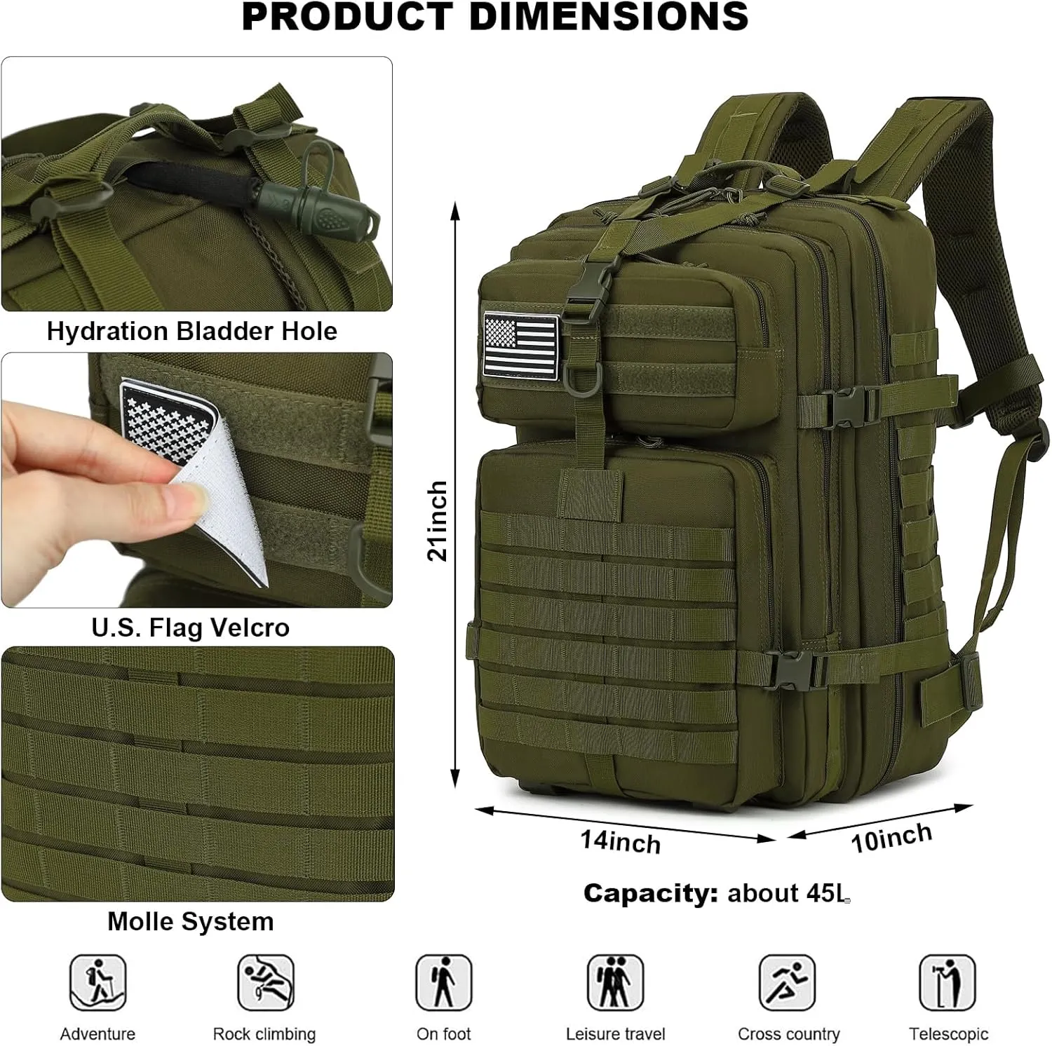 45L Military Tactical Backpack for Men Women, 3 Day Assault Pack Army Camping Molle Bag Hiking Backpacks (Green)