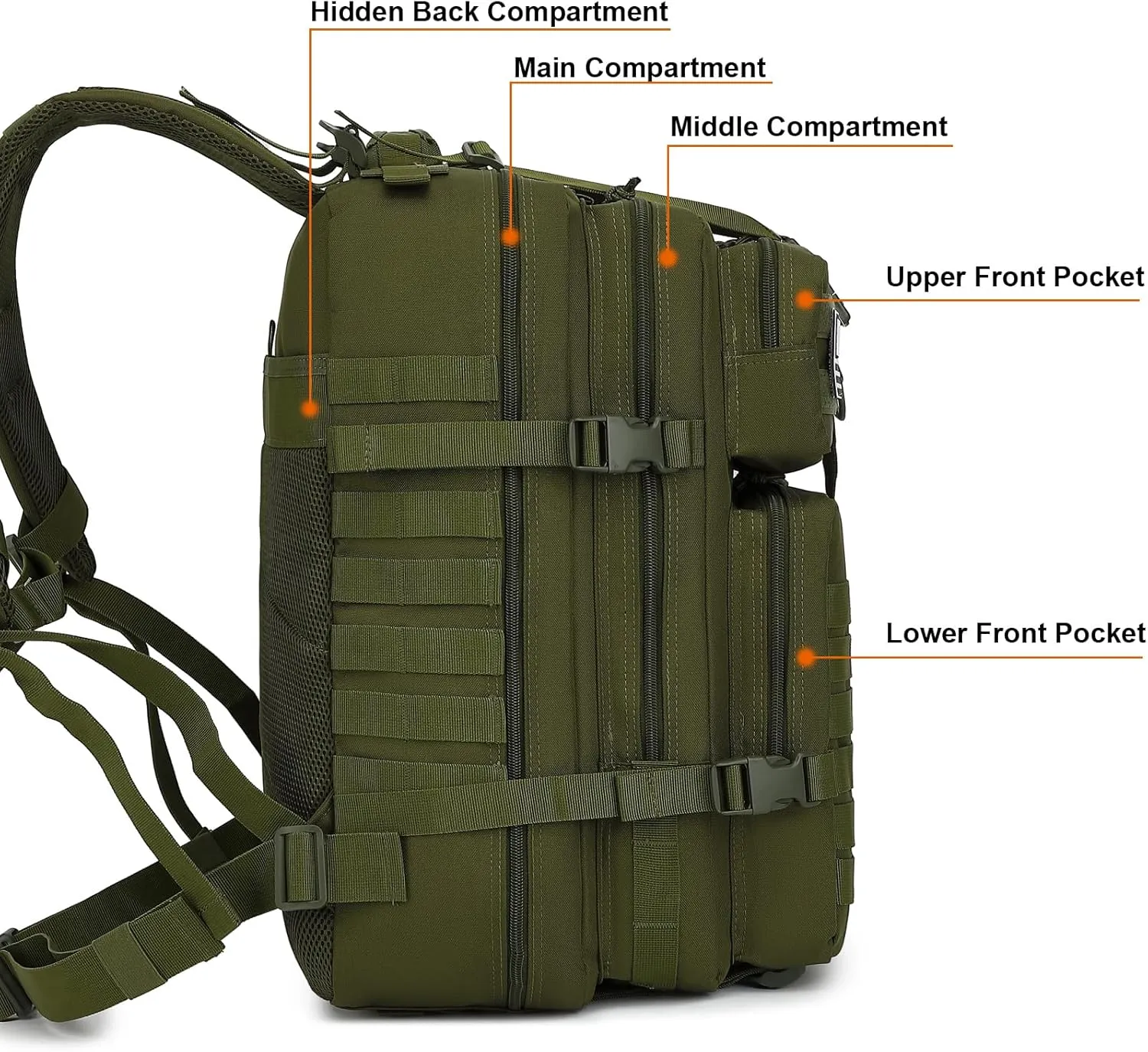 45L Military Tactical Backpack for Men Women, 3 Day Assault Pack Army Camping Molle Bag Hiking Backpacks (Green)