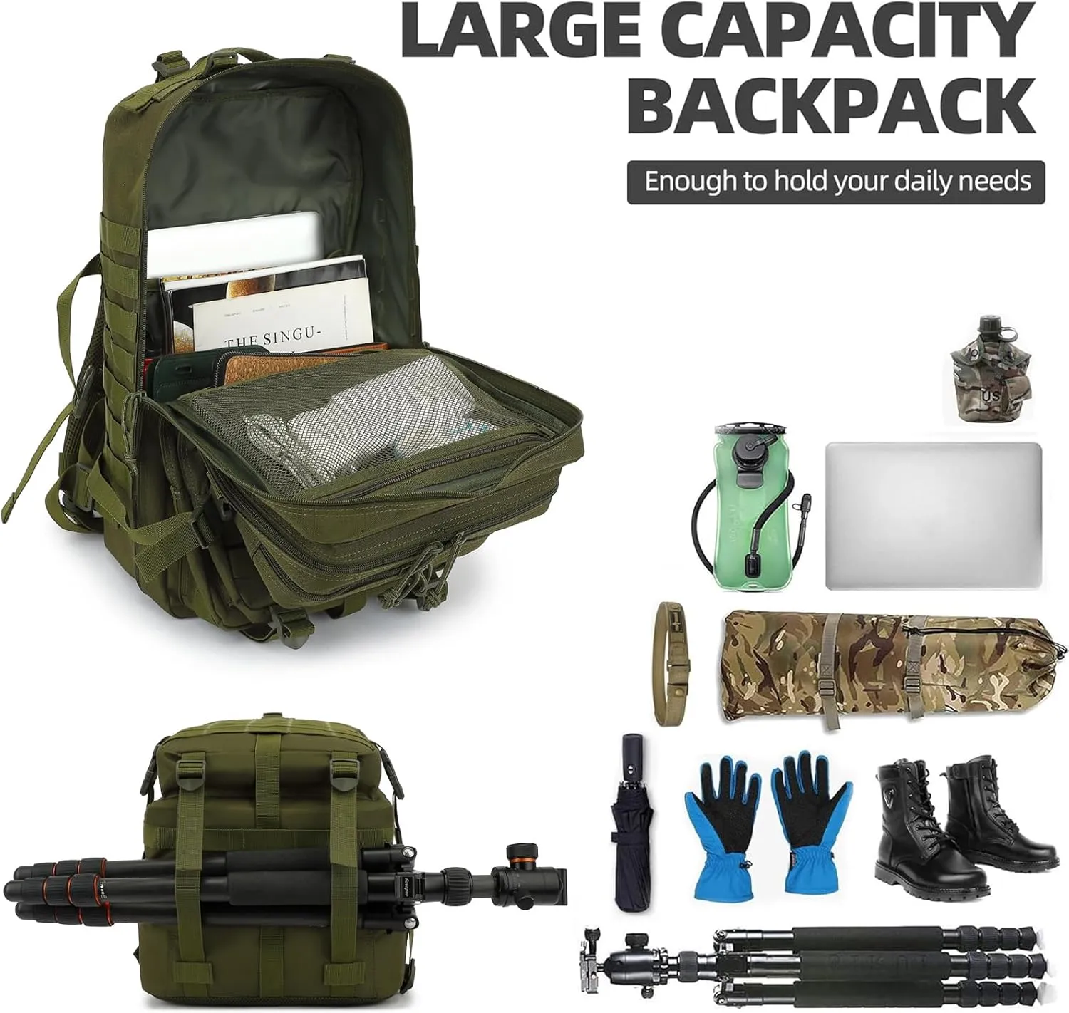 45L Military Tactical Backpack for Men Women, 3 Day Assault Pack Army Camping Molle Bag Hiking Backpacks (Green)