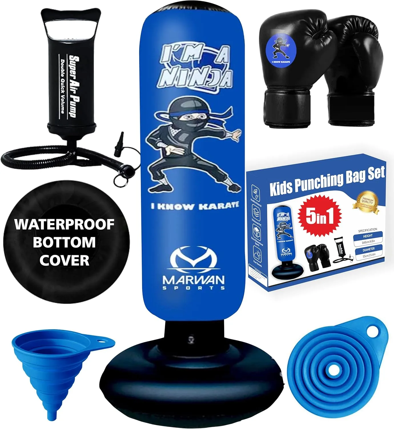 5-in-1 Kids Punching Bag Set – Ultra-Durable, Fast Bounce-Back Inflatable Boxing Bag with Gloves & Air Pump – Exciting & Safe Active Play for Boys Ages 4-12 (Patent Pending)