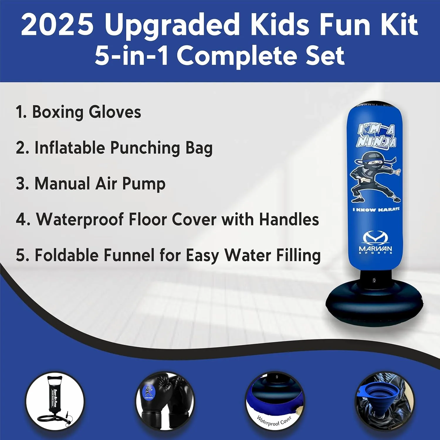 5-in-1 Kids Punching Bag Set – Ultra-Durable, Fast Bounce-Back Inflatable Boxing Bag with Gloves & Air Pump – Exciting & Safe Active Play for Boys Ages 4-12 (Patent Pending)