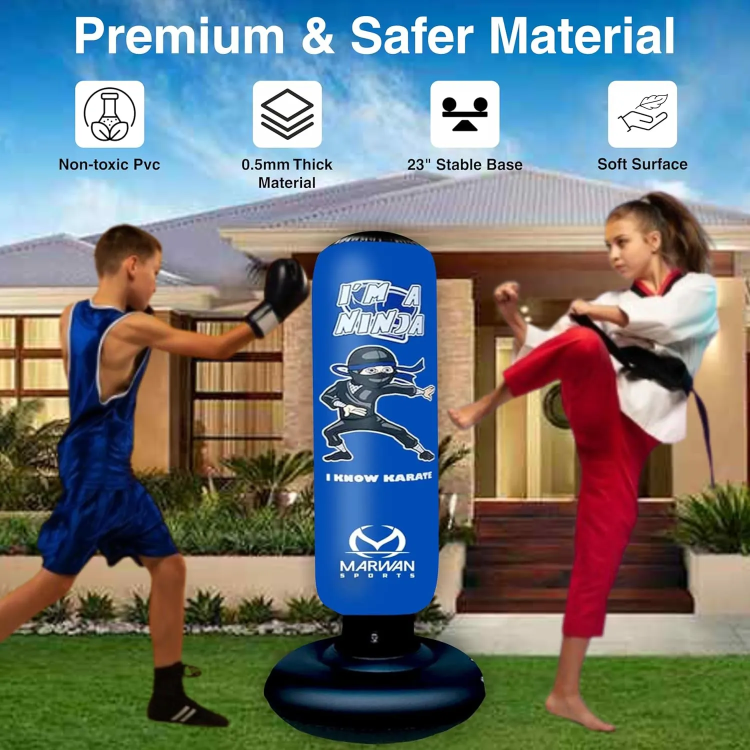 5-in-1 Kids Punching Bag Set – Ultra-Durable, Fast Bounce-Back Inflatable Boxing Bag with Gloves & Air Pump – Exciting & Safe Active Play for Boys Ages 4-12 (Patent Pending)