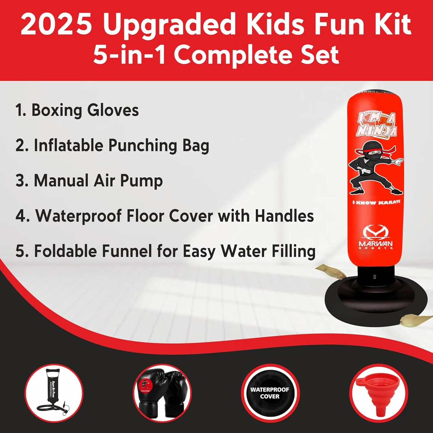 5-in-1 Kids Punching Bag Set – Ultra-Durable, Fast Bounce-Back Inflatable Boxing Bag with Gloves & Air Pump – Exciting & Safe Active Play for Boys Ages 4-12 (Patent Pending)