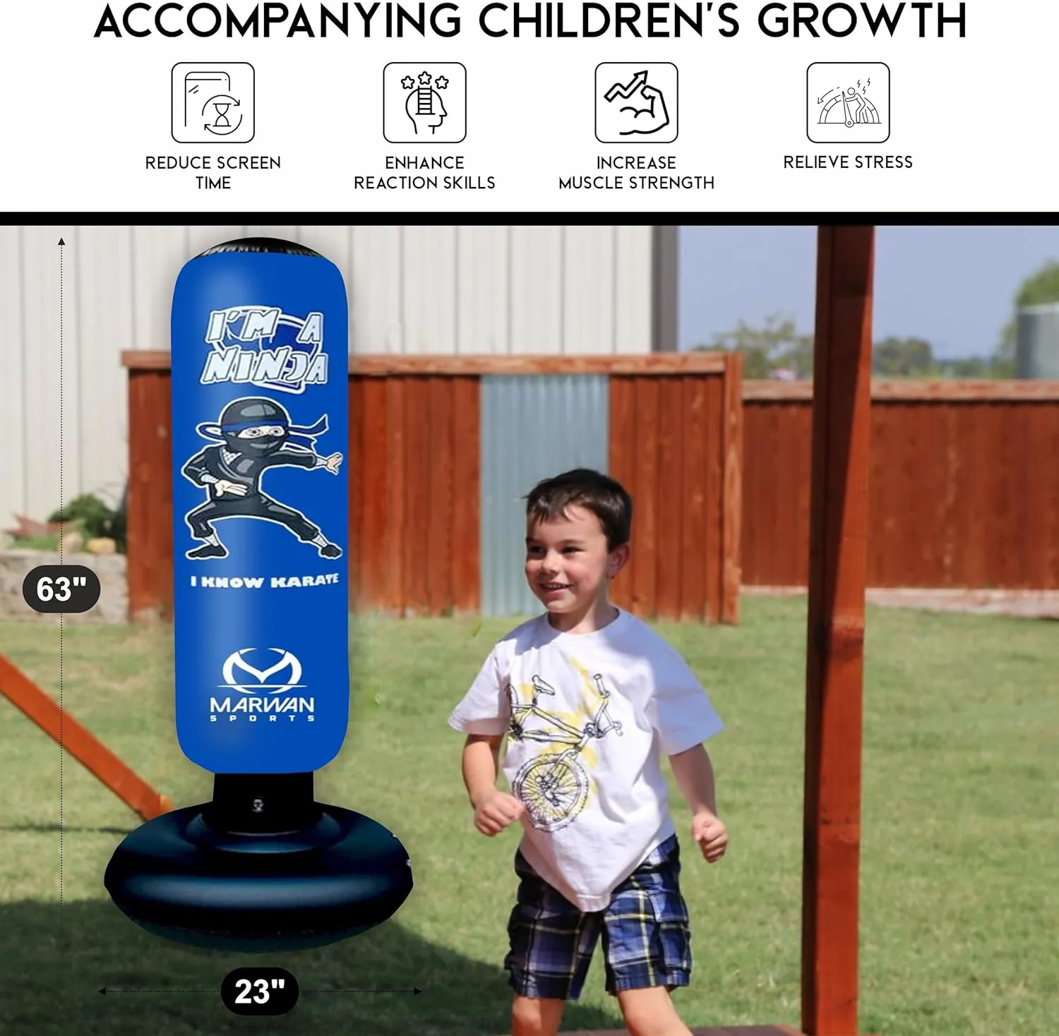 5-in-1 Kids Punching Bag Set – Ultra-Durable, Fast Bounce-Back Inflatable Boxing Bag with Gloves & Air Pump – Exciting & Safe Active Play for Boys Ages 4-12 (Patent Pending)