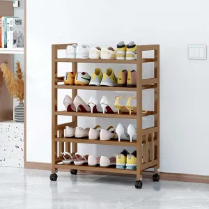 5 Tier Shoe Rack Shoes with Roller, Standing Corridor Storage Organiser Bamboo Multipurpose Stand Shoe Shelf, for Bedroom, Closet, Entryway, Dorm Room