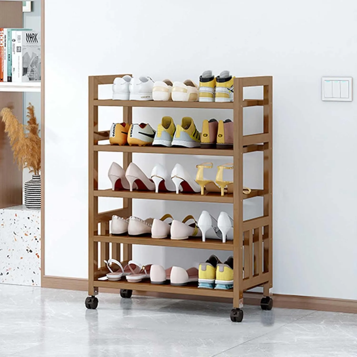 5 Tier Shoe Rack Shoes with Roller, Standing Corridor Storage Organiser Bamboo Multipurpose Stand Shoe Shelf, for Bedroom, Closet, Entryway, Dorm Room
