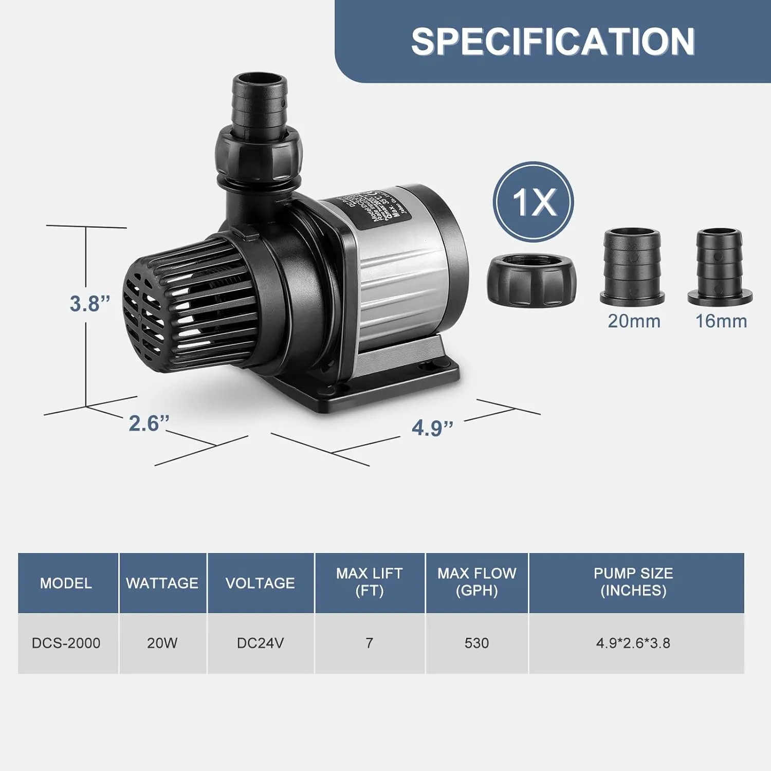 530GPH Nano Aquarium DC Pump With Controller,20W Small DC24V Return Pump for small fish tank,7ft max lift,submersible and inline mini water pump for saltwater and fresh water