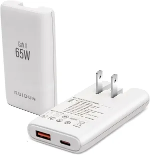65W Flat GaN USB C Charger,Dual-Port Fast Wall Charger,PD 3.0 & QC 4.0,Foldable Plug for MacBook Pro/Air, iPhone 15, iPad Pro, Galaxy S24, Steam Deck & More (White)
