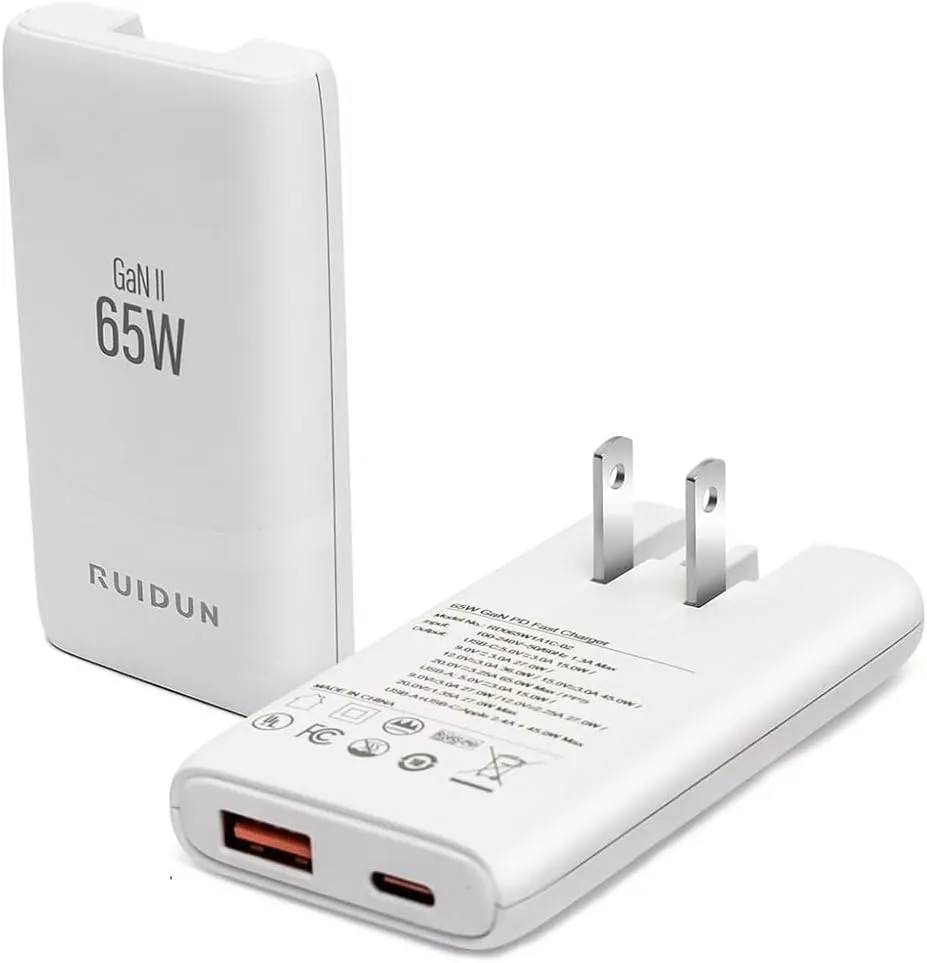 65W Flat GaN USB C Charger,Dual-Port Fast Wall Charger,PD 3.0 & QC 4.0,Foldable Plug for MacBook Pro/Air, iPhone 15, iPad Pro, Galaxy S24, Steam Deck & More (White)