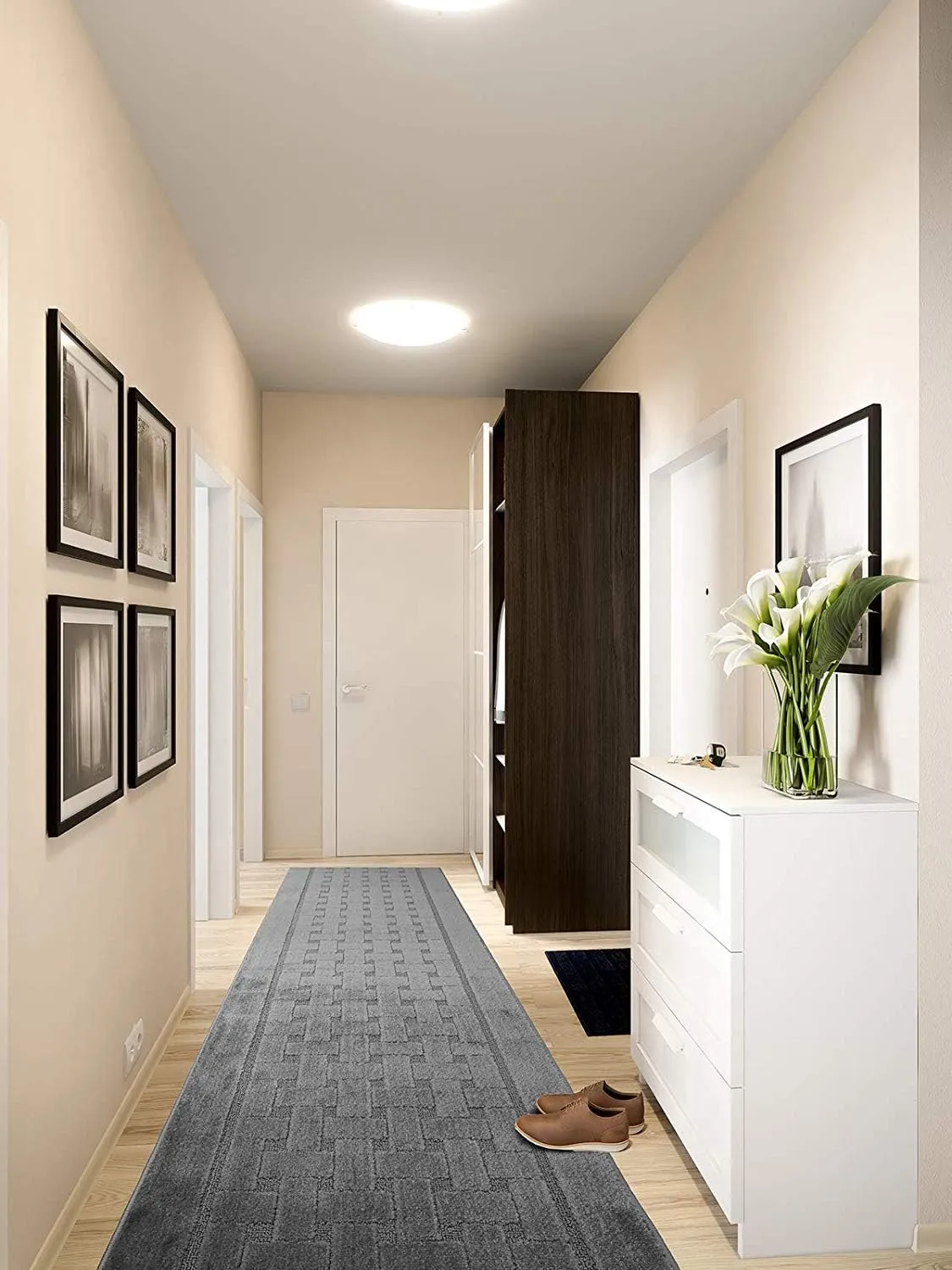 8 ft Long, Grey, Non-Slip Washable Carpet Runner Rug with Rubber Backing, Custom Floor Mat for Kitchen Hallway Stairs Bedroom Bathroom Entryway, Your Choice of Length (26" X 8')