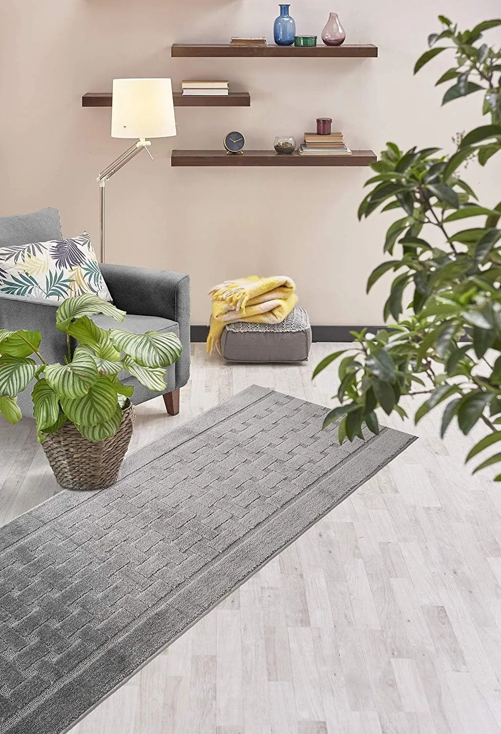 8 ft Long, Grey, Non-Slip Washable Carpet Runner Rug with Rubber Backing, Custom Floor Mat for Kitchen Hallway Stairs Bedroom Bathroom Entryway, Your Choice of Length (26" X 8')