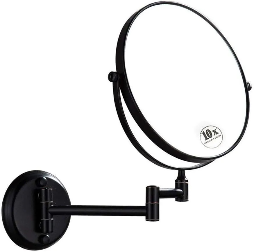 8 inch Wall Mounted Makeup Mirror 1X/10X Magnifying,Double Sided 360° Swivel Extendable Shaving Cosmetic Mirror Round Vanity Mirror for Bathroom Hotels,Black
