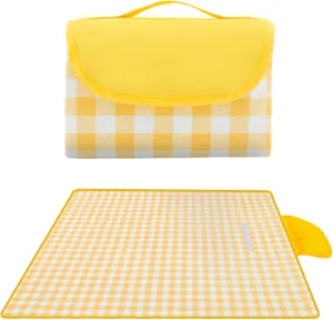 80"x80" Tear-Resistant Outdoor Blanket - Heavy Duty 600D Oxford Waterproof Mat, Extra Large Portable Camping Blanket with Storage Strap (Yellow and White Checkered)