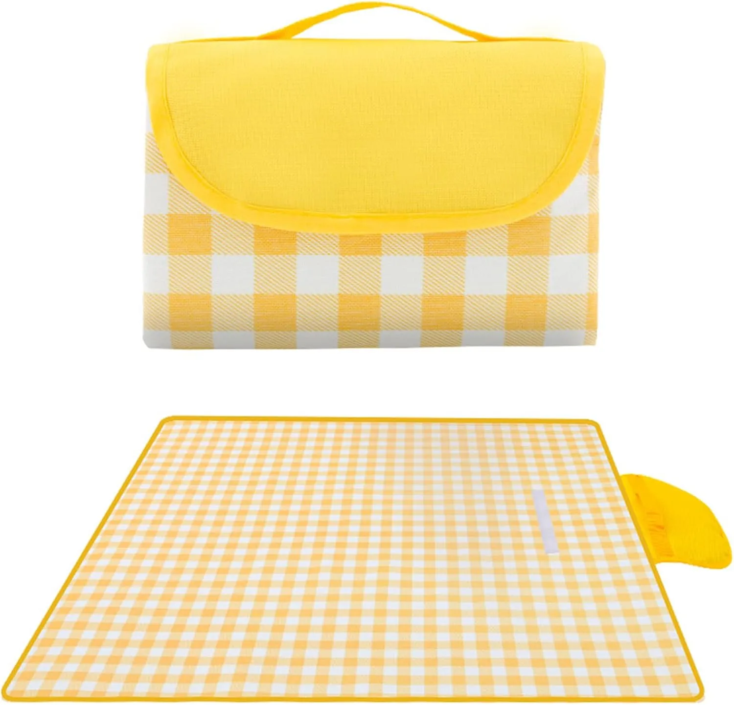 80"x80" Tear-Resistant Outdoor Blanket - Heavy Duty 600D Oxford Waterproof Mat, Extra Large Portable Camping Blanket with Storage Strap (Yellow and White Checkered)