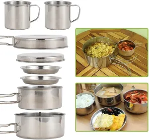 8pcs/Set Camping Cookware Mess Kit Stainless Steel Cooking Pot and Pan Set with Plates Cups for Outdoor Hiking Backpacking