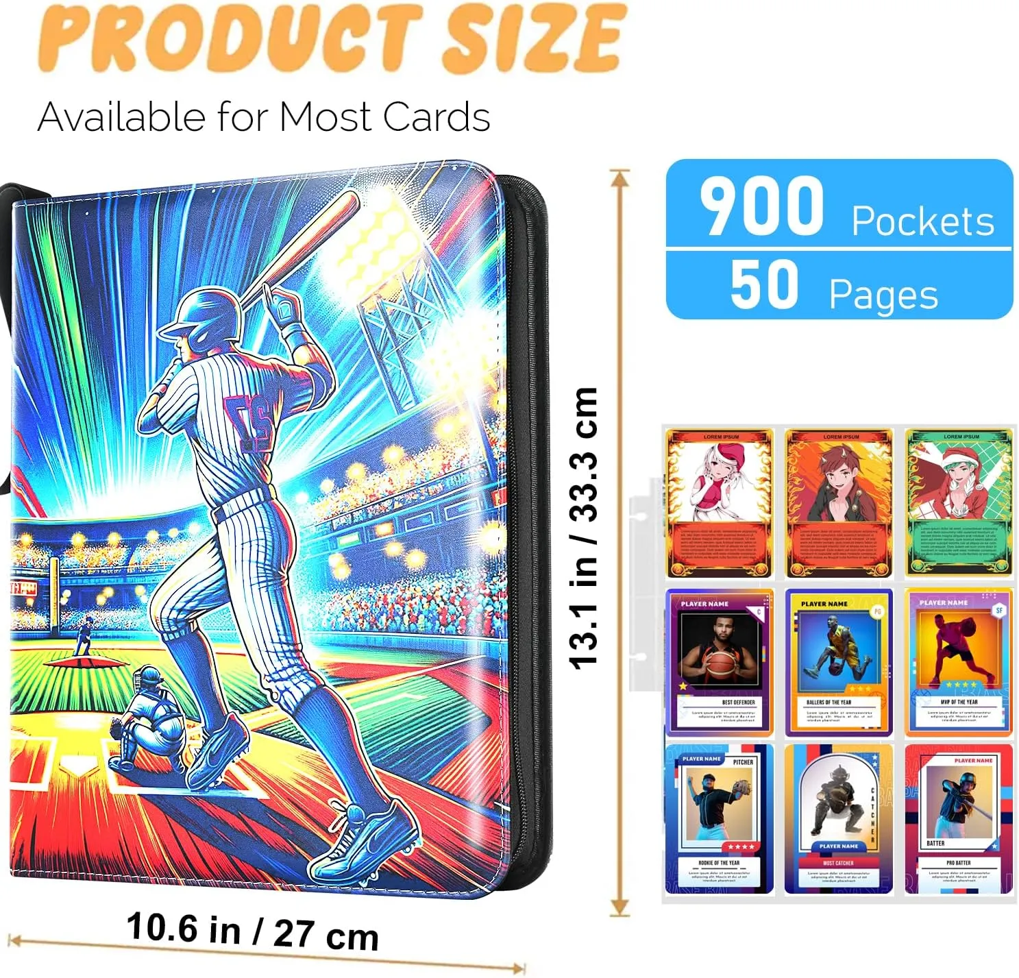 900 Pockets Trading Baseball Card Binder with Sleeves, 50 Removable Pages, 3 Ring Zipper Binder Collectable Card Book Album with Strap, Leather Sport Games Cards Folder, Card Collector Gifts