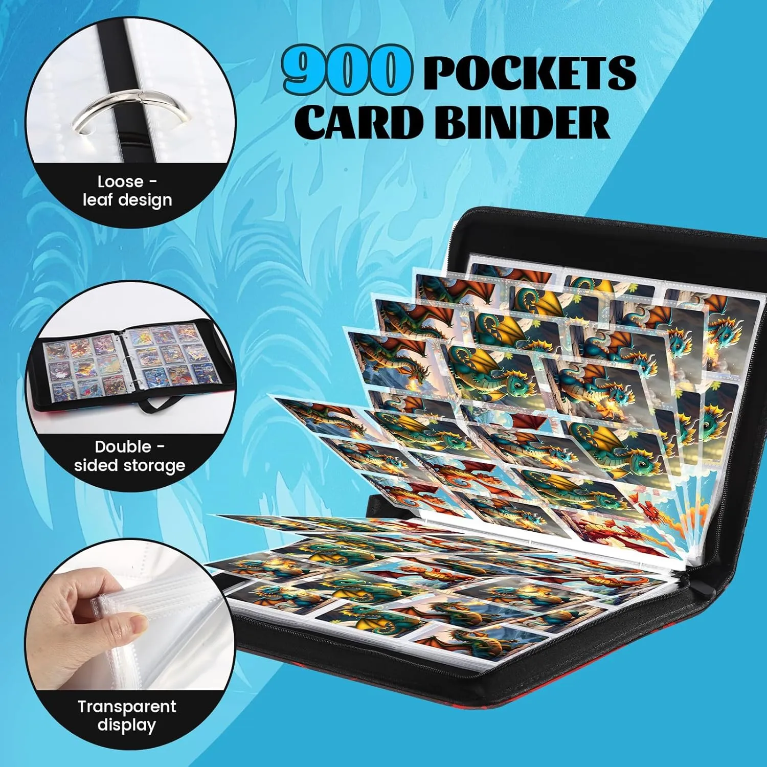 900 Pockets Trading Card Binder with Sleeves, Sports Card Binder Collectible Trading Card Albums Fits Cards with 50 Removable Sleeves