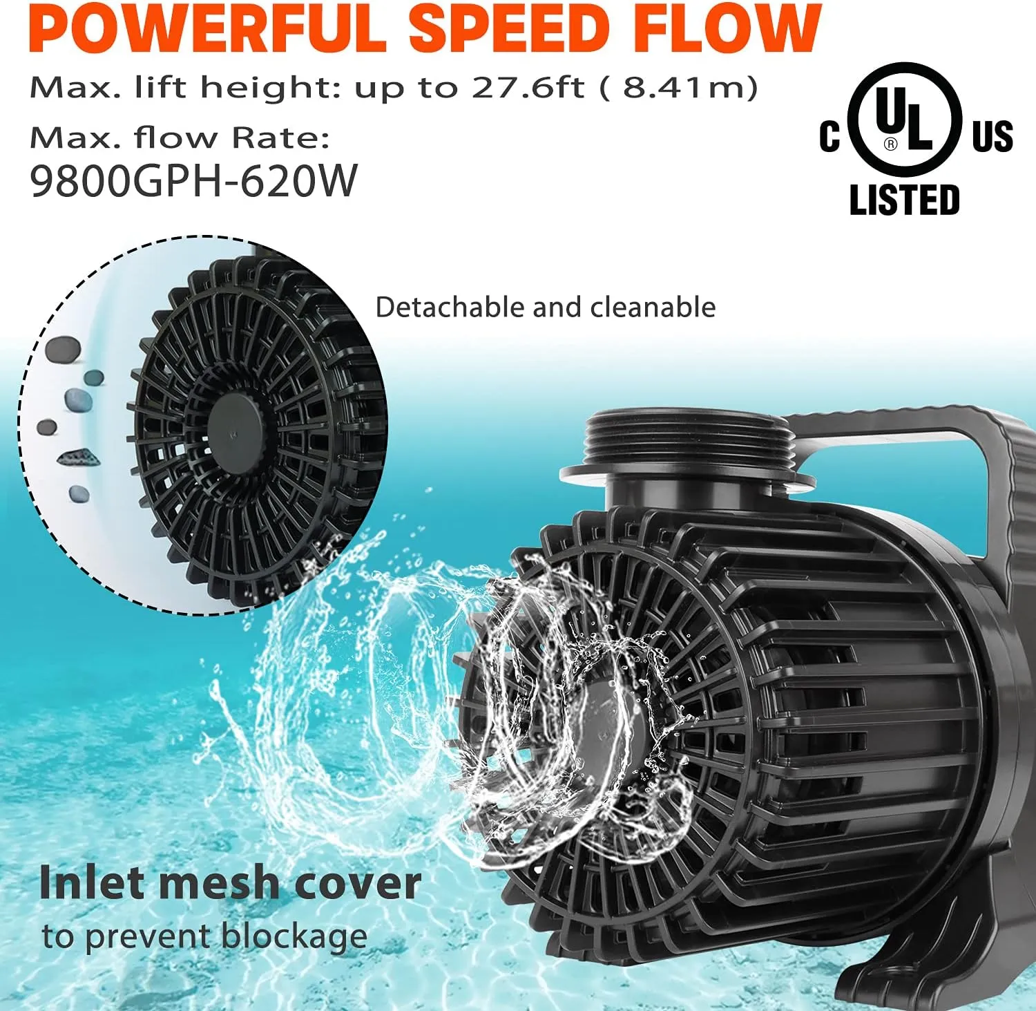 (9800GPH-620W,UL listed) High Flow Submersible Pond Water Aquarium Pump Multi Scenario Application