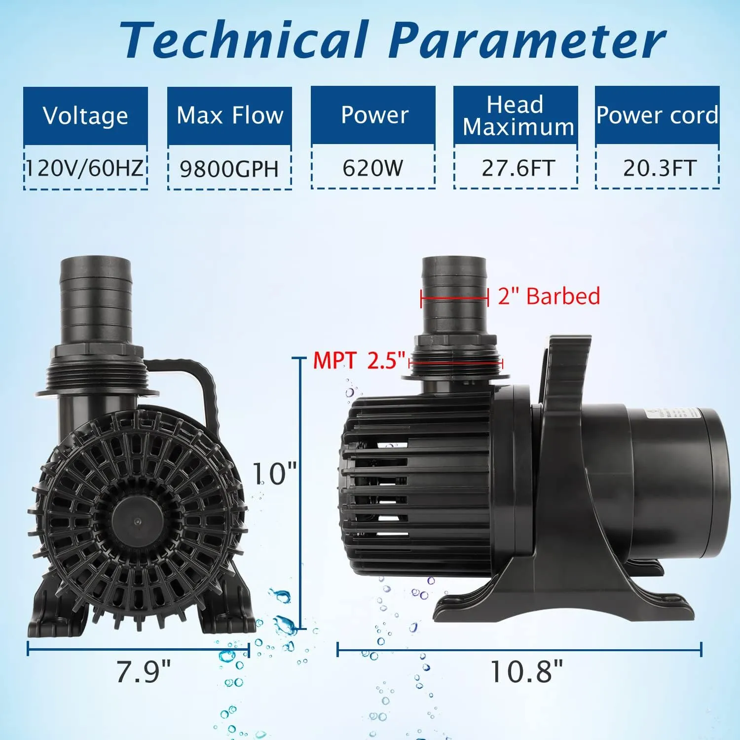 (9800GPH-620W,UL listed) High Flow Submersible Pond Water Aquarium Pump Multi Scenario Application