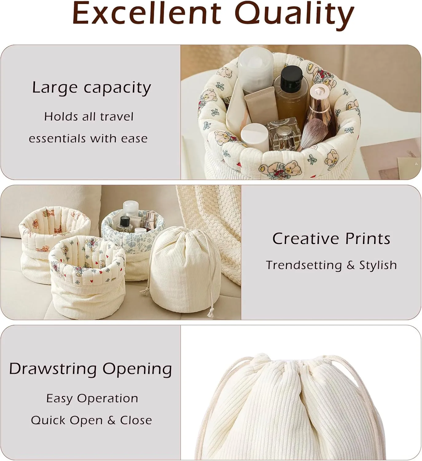 Aesthetic Corduroy Drawstring Makeup Bag with Quilted Lining, Coquette Quilted Cotton Cosmetic Bag, Portable Travel Organized Toiletry Bag for Women Girls（06White Heart Bear）