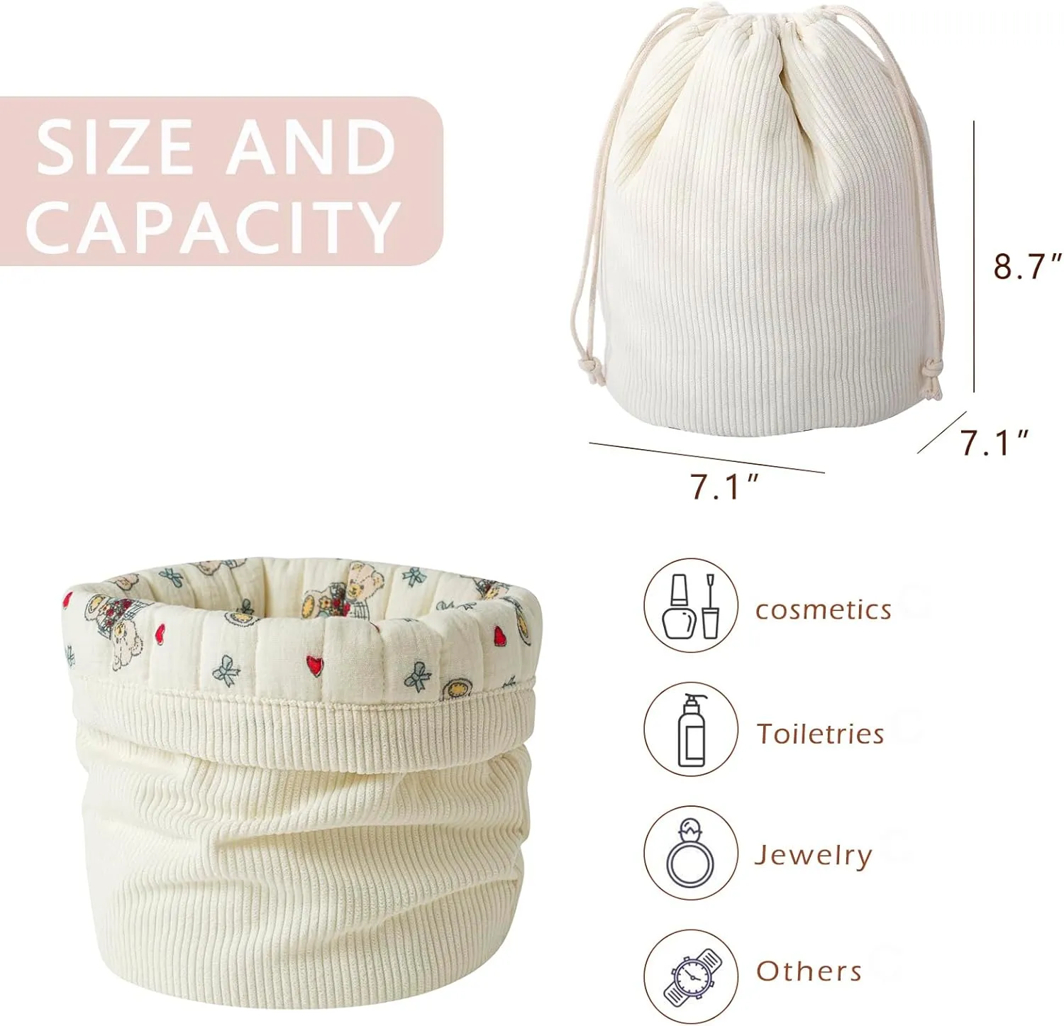 Aesthetic Corduroy Drawstring Makeup Bag with Quilted Lining, Coquette Quilted Cotton Cosmetic Bag, Portable Travel Organized Toiletry Bag for Women Girls（06White Heart Bear）