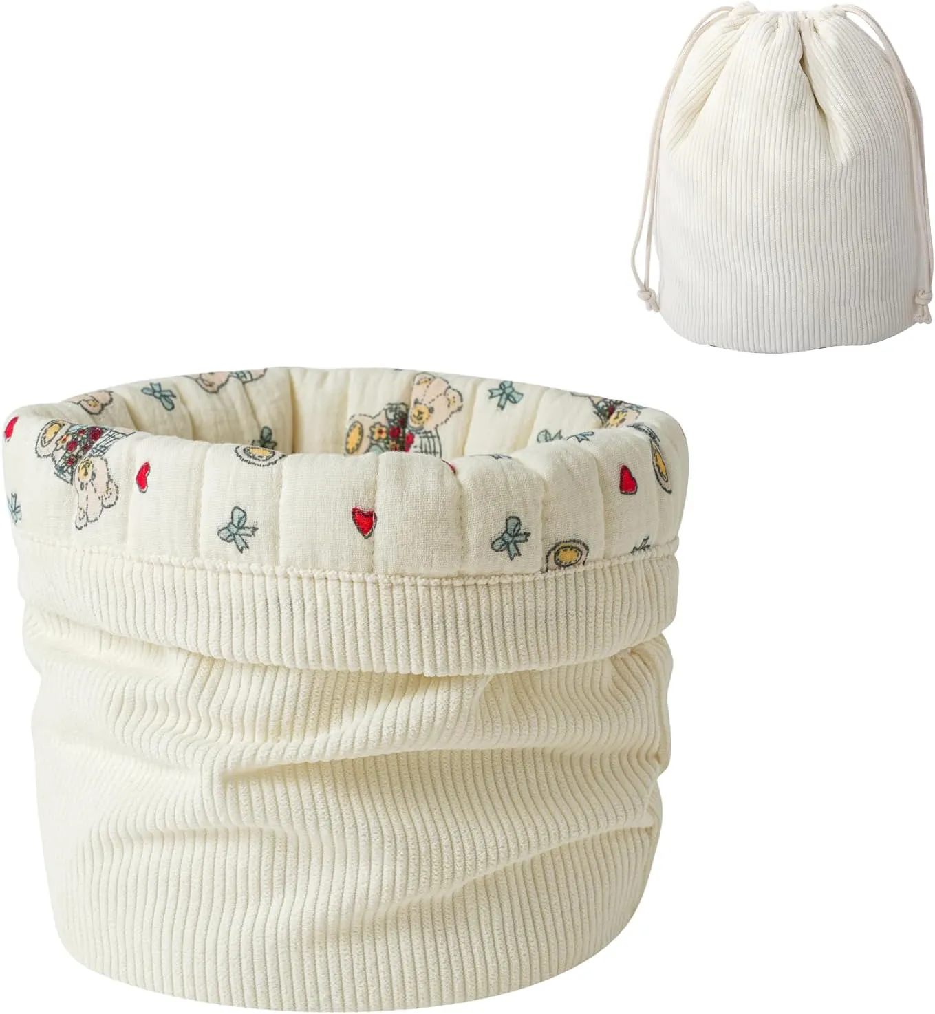 Aesthetic Corduroy Drawstring Makeup Bag with Quilted Lining, Coquette Quilted Cotton Cosmetic Bag, Portable Travel Organized Toiletry Bag for Women Girls（06White Heart Bear）