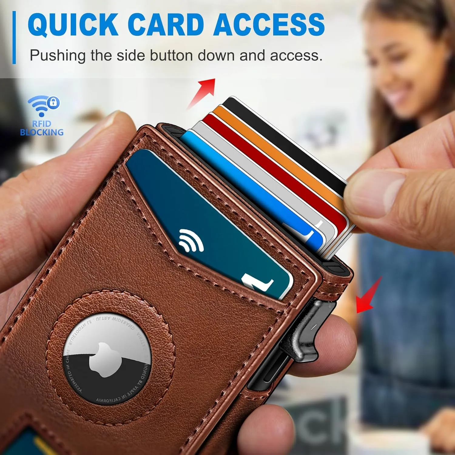 Airtag Wallet for Men,with Money Clip Gift Boxed,Slim Front Pocket Wallet RFID Blocking Metal Case Smart Pop-up Credit Card Holder in Magnetic Leather Flip