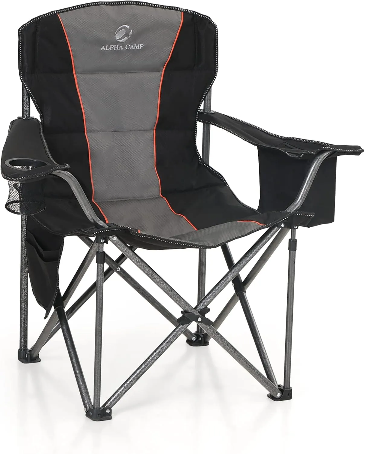 ALPHA CAMP Folding Camping Chair Oversized Heavy Duty Padded Outdoor Chair with Cup Holder Storage and Cooler Bag, 450 LBS Weight Capacity, Thicken 600D Oxford, Black