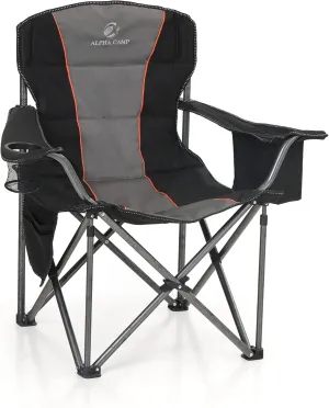 ALPHA CAMP Folding Camping Chair Oversized Heavy Duty Padded Outdoor Chair with Cup Holder Storage and Cooler Bag, 450 LBS Weight Capacity, Thicken 600D Oxford, Black