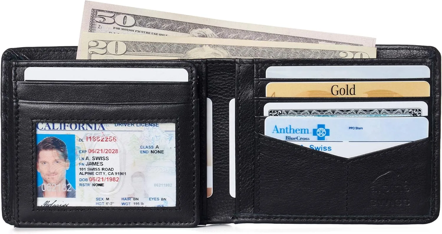 Alpine Swiss RFID Luka Men's Flip ID Wallet Deluxe Capacity Bifold With Divided Bill Section Comes in a Gift Box