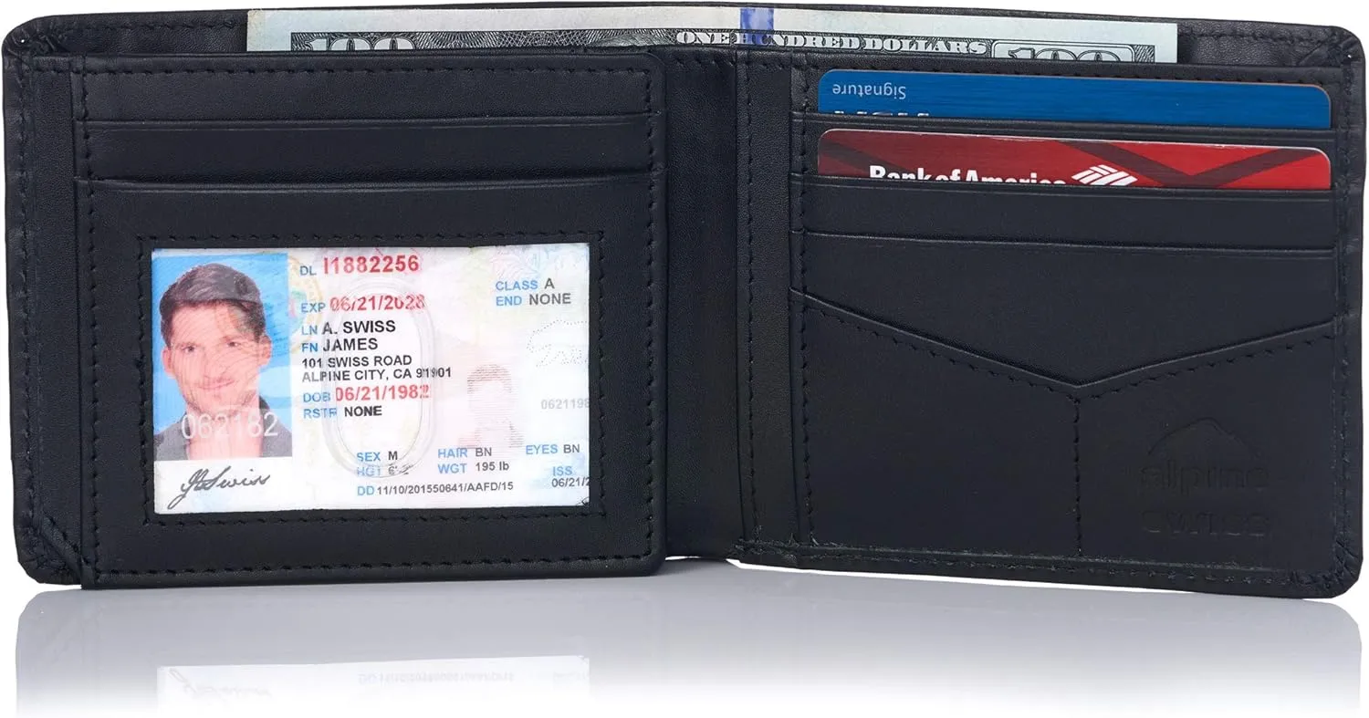 Alpine Swiss RFID Luka Men's Flip ID Wallet Deluxe Capacity Bifold With Divided Bill Section Comes in a Gift Box