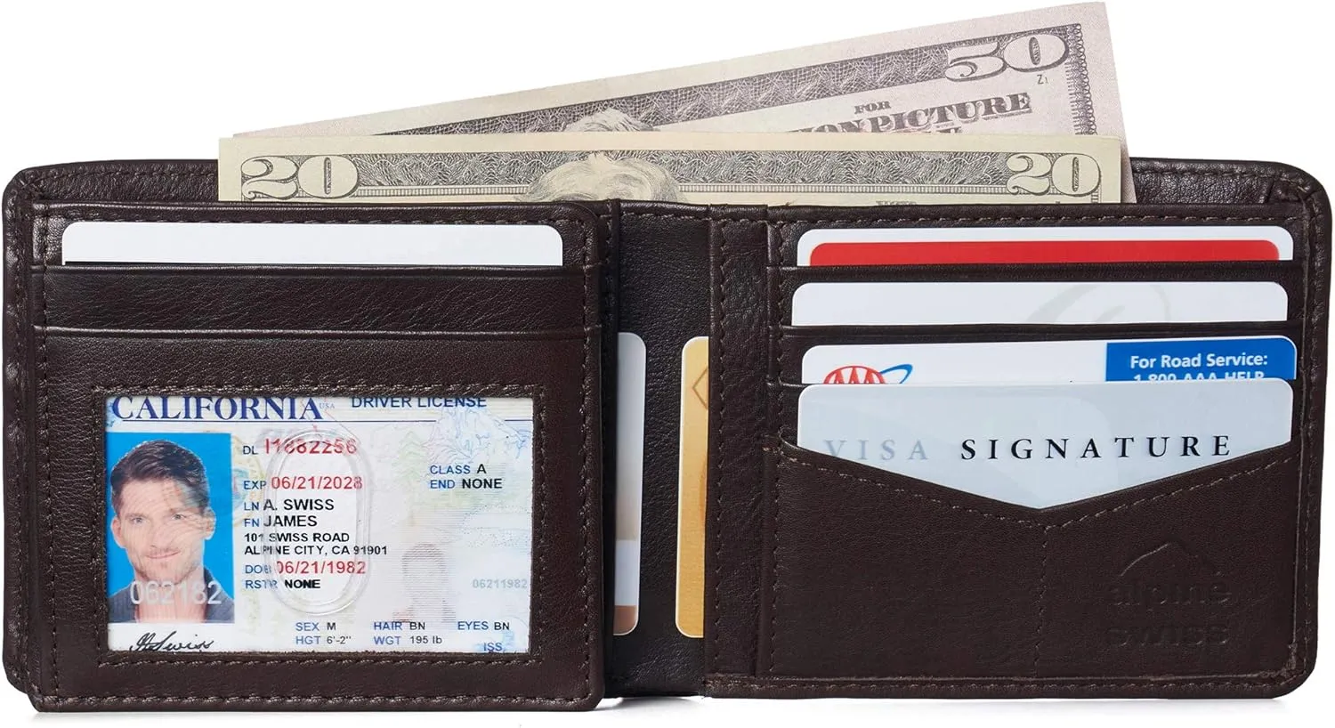 Alpine Swiss RFID Luka Men's Flip ID Wallet Deluxe Capacity Bifold With Divided Bill Section Comes in a Gift Box