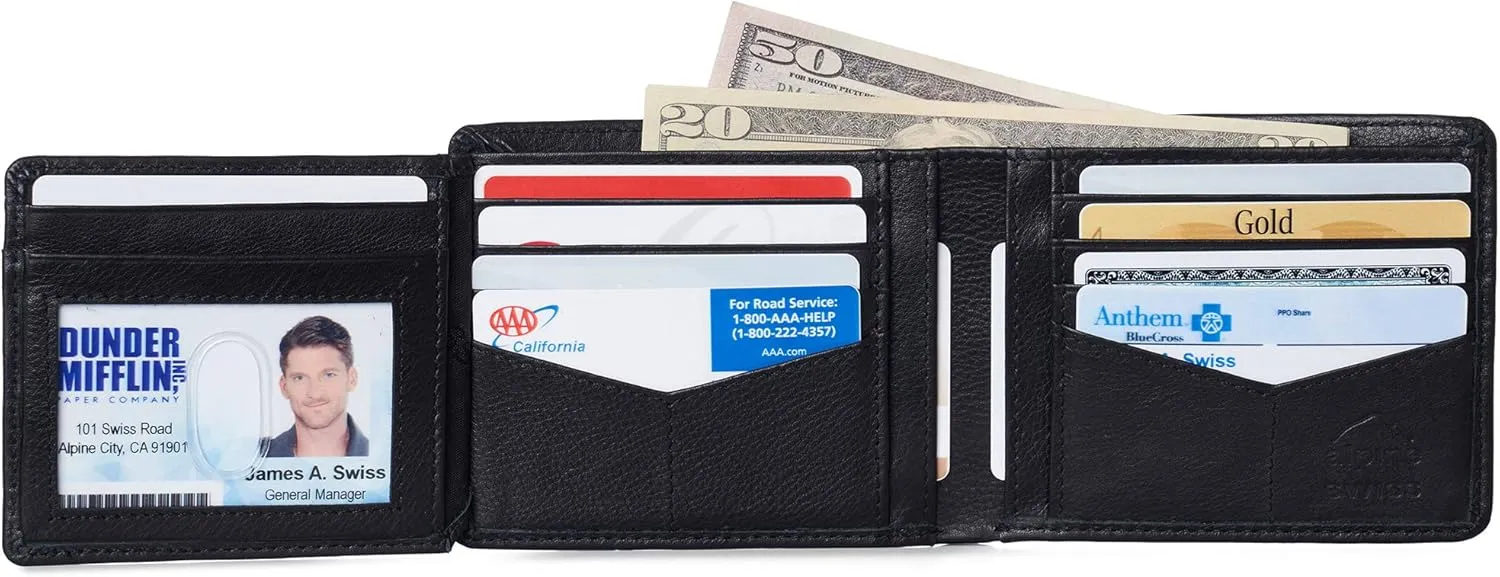 Alpine Swiss RFID Luka Men's Flip ID Wallet Deluxe Capacity Bifold With Divided Bill Section Comes in a Gift Box