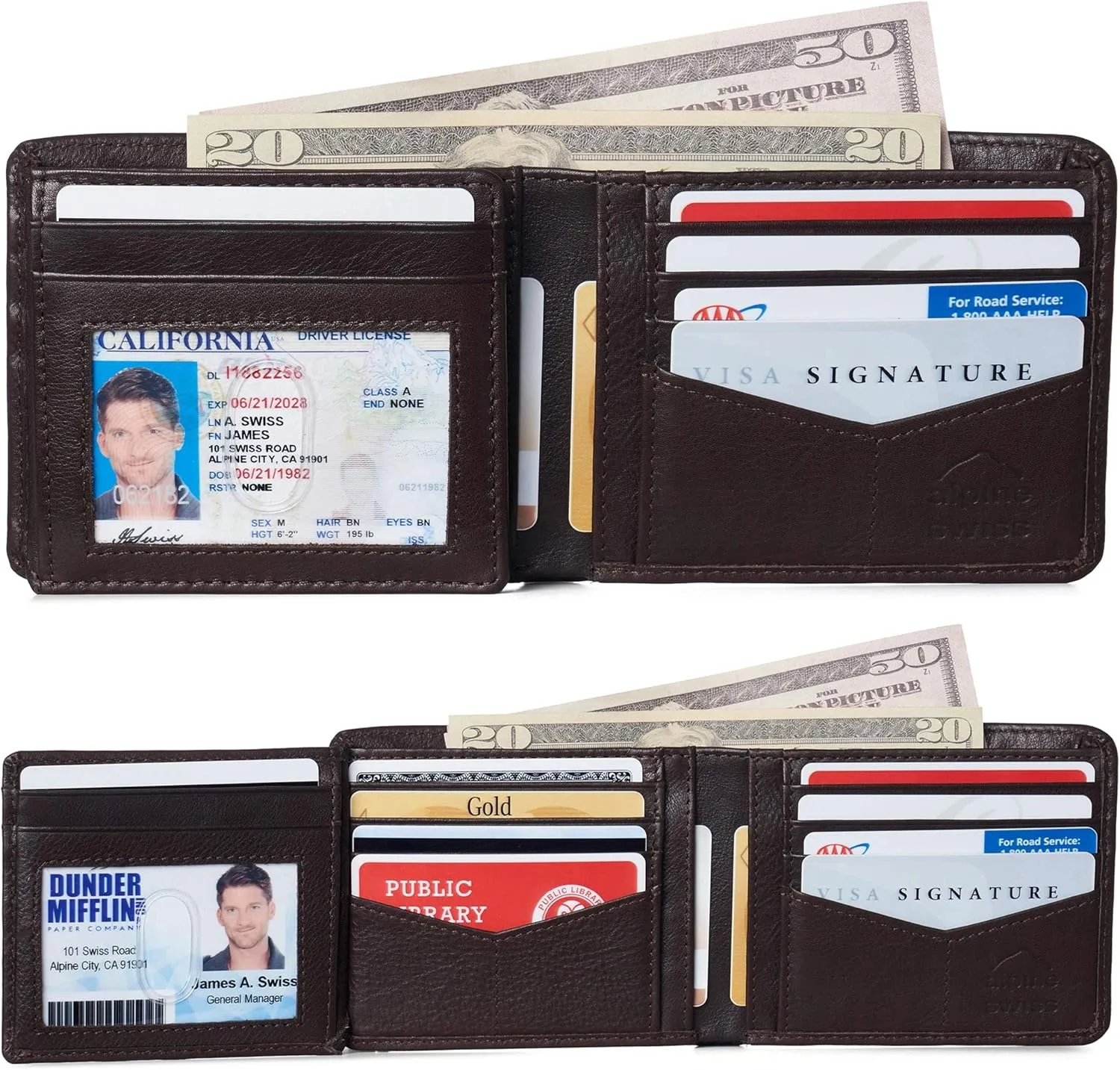 Alpine Swiss RFID Luka Men's Flip ID Wallet Deluxe Capacity Bifold With Divided Bill Section Comes in a Gift Box