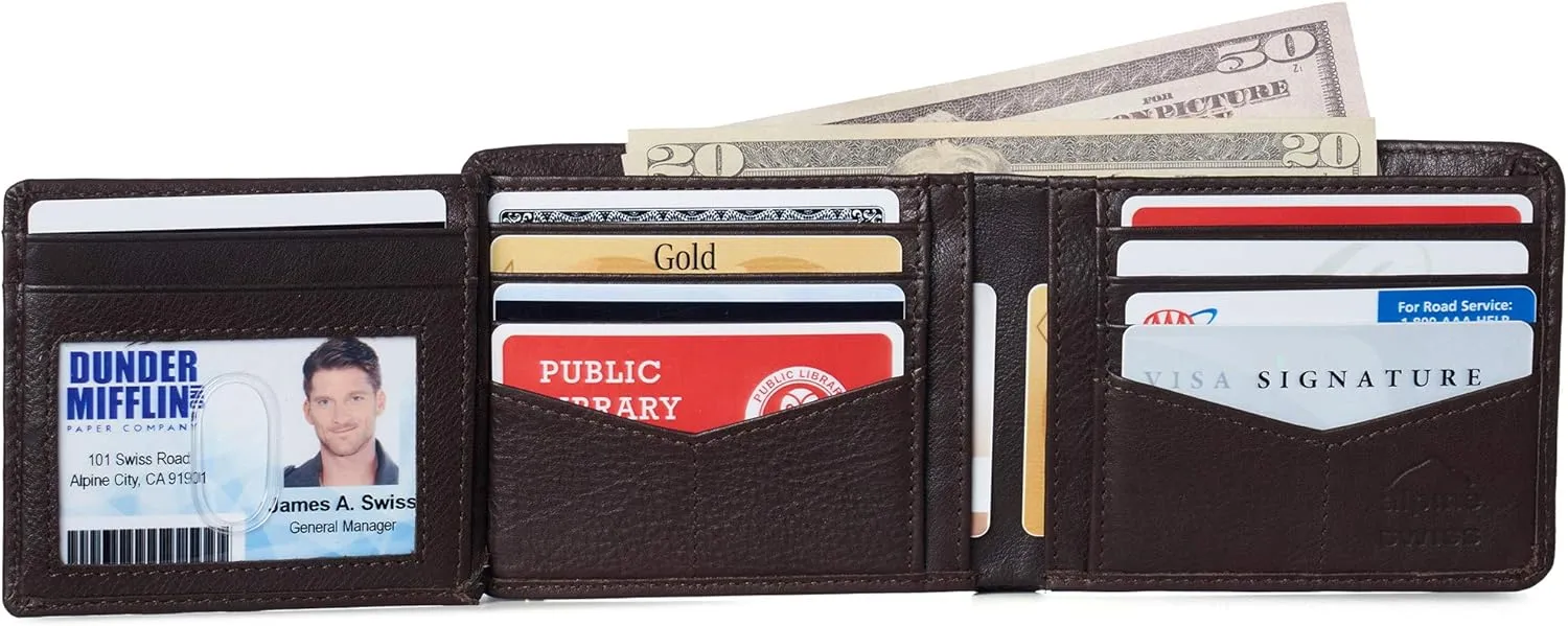 Alpine Swiss RFID Luka Men's Flip ID Wallet Deluxe Capacity Bifold With Divided Bill Section Comes in a Gift Box