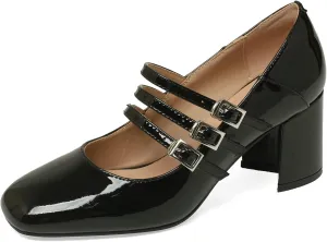 Alsoloveu Women's Mary Jane Shoes Patent Leather Retro Low Chunky Heels Pump Shoes for Women Double Ankle Strap Pumps