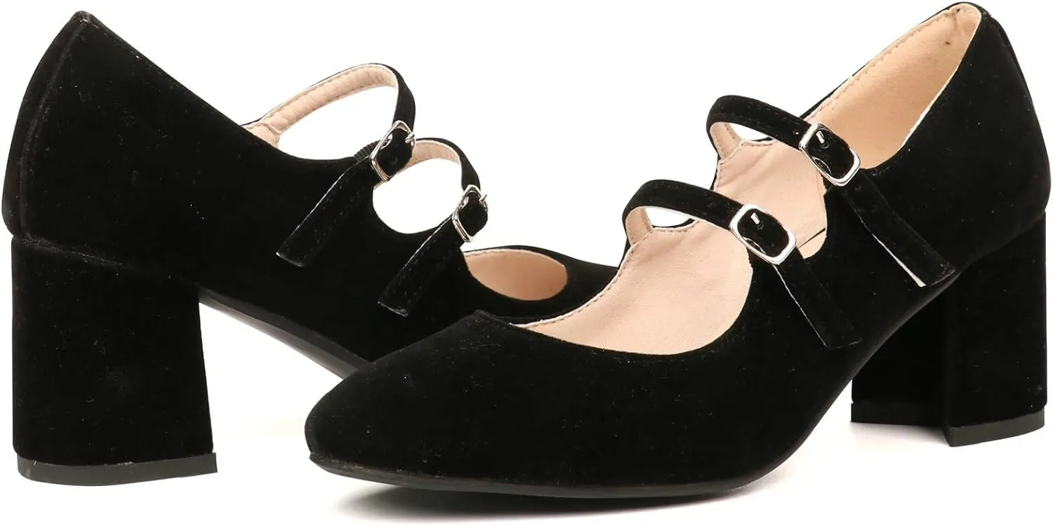 Alsoloveu Women's Mary Jane Shoes Patent Leather Retro Low Chunky Heels Pump Shoes for Women Double Ankle Strap Pumps