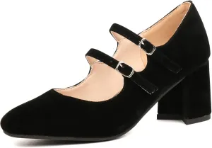 Alsoloveu Women's Mary Jane Shoes Patent Leather Retro Low Chunky Heels Pump Shoes for Women Double Ankle Strap Pumps