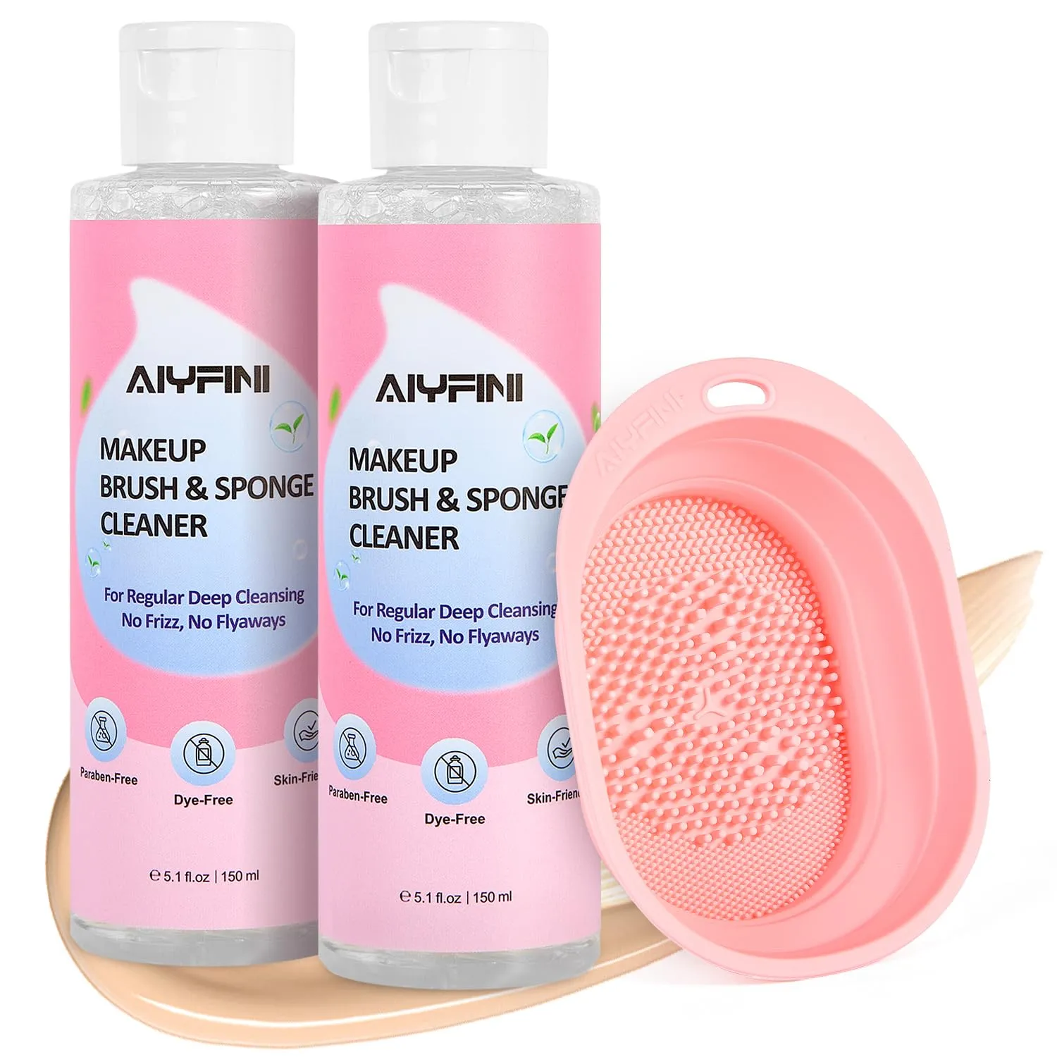 Alyfini Makeup Brush Cleaner Solution   Scrub Basin Combo, Removes Tough Stain on Make Up Brushes Set/Sponge/Puffs, Deep Clean Inner Bristles from Waterproof Foundation/Concealer, 10.2 Fl Oz/300 ml