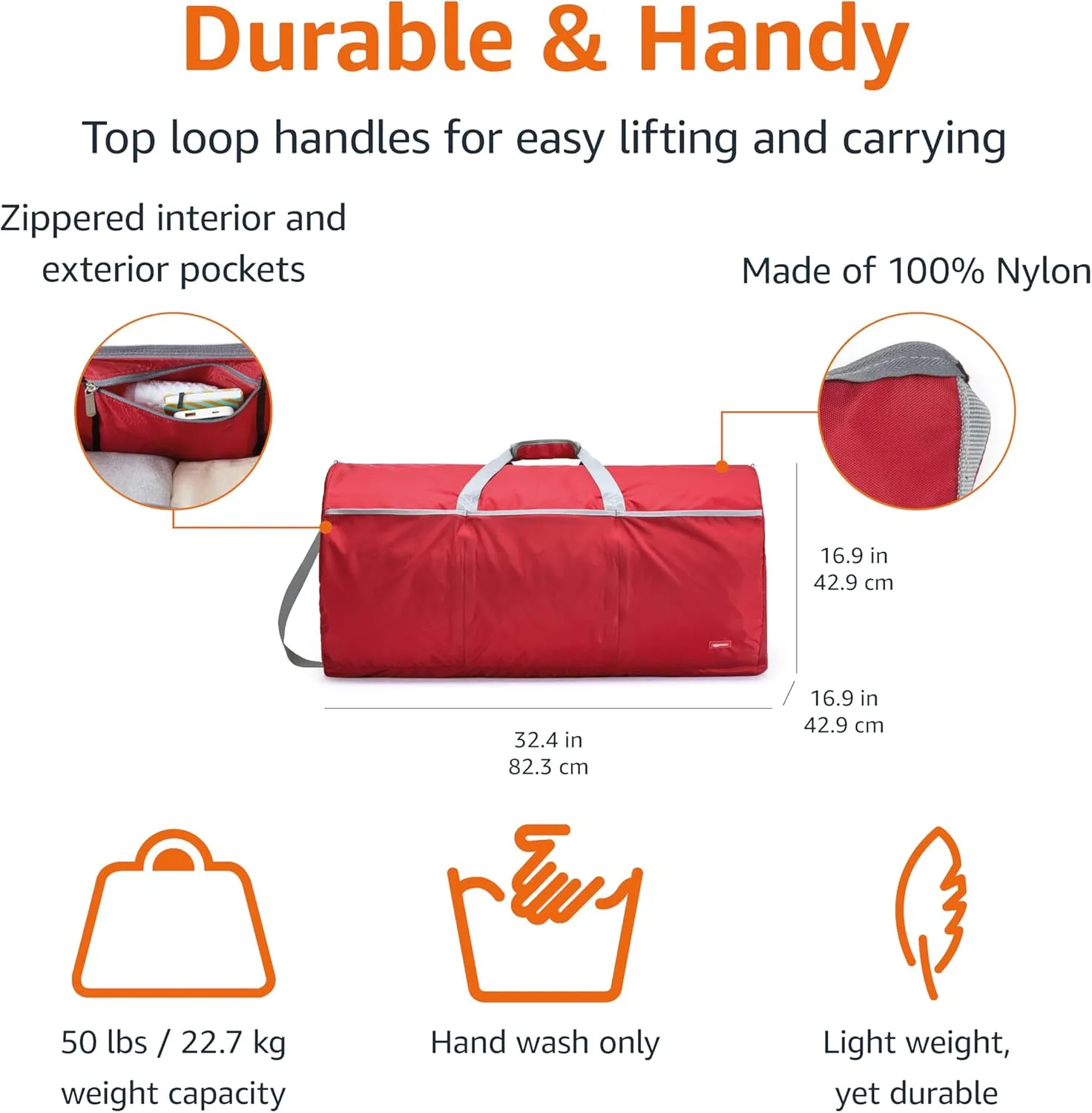 Amazon Basics 32" Extra Large Foldable Duffle Bag for Travel & Storage, with Exterior/Interior Zippered Pockets, Lightweight/Durable Nylon Material, 50-LBS Capacity, 9254 Cubic Inch (150L), Red